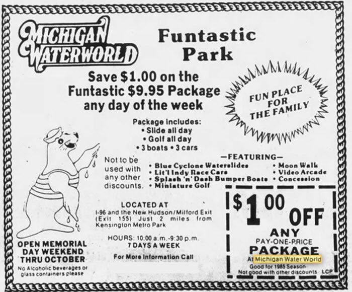 Michigan WaterWorld - July 31 1985 Ad For The Park